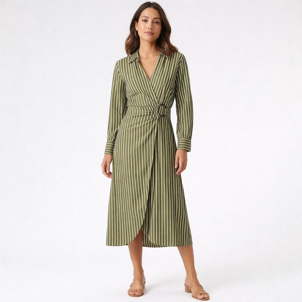 Olive Green Striped Wrap Dress Size 6